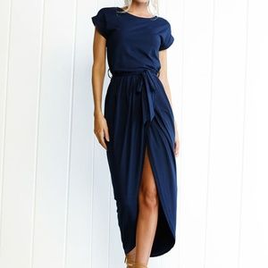 Women's Short Sleeve High Slit Solid Maxi Dress